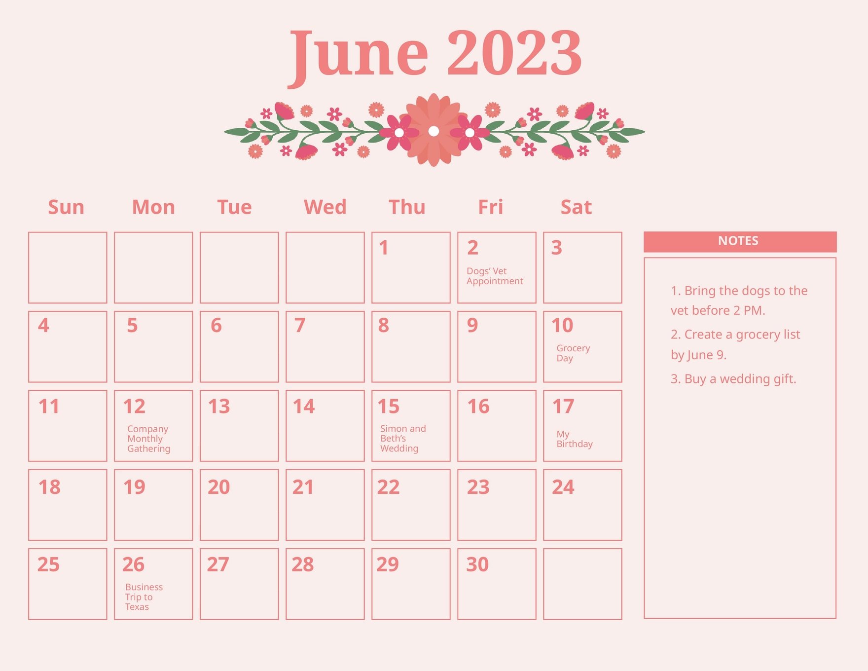 Floral June 2023 Calendar Template