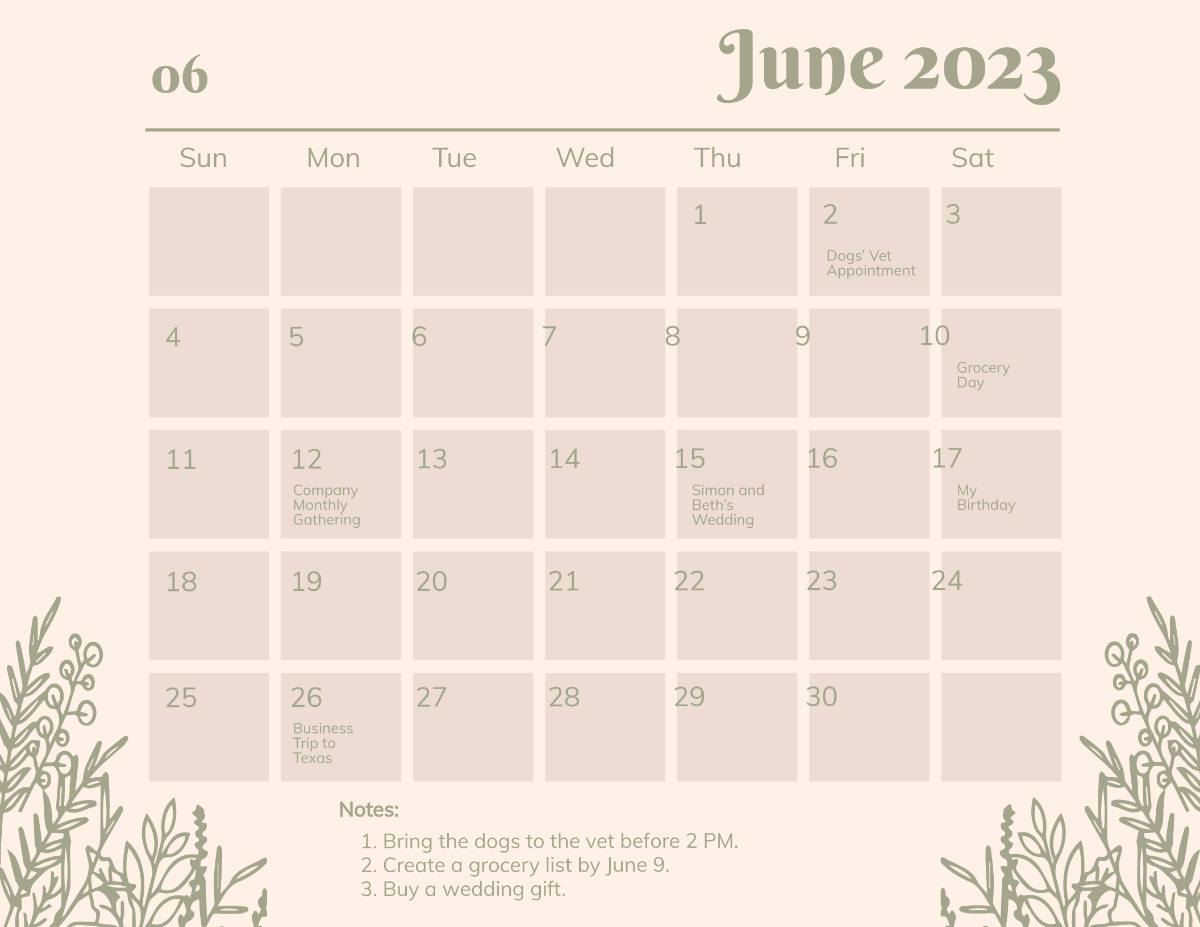 Pretty June 2023 Calendar Template