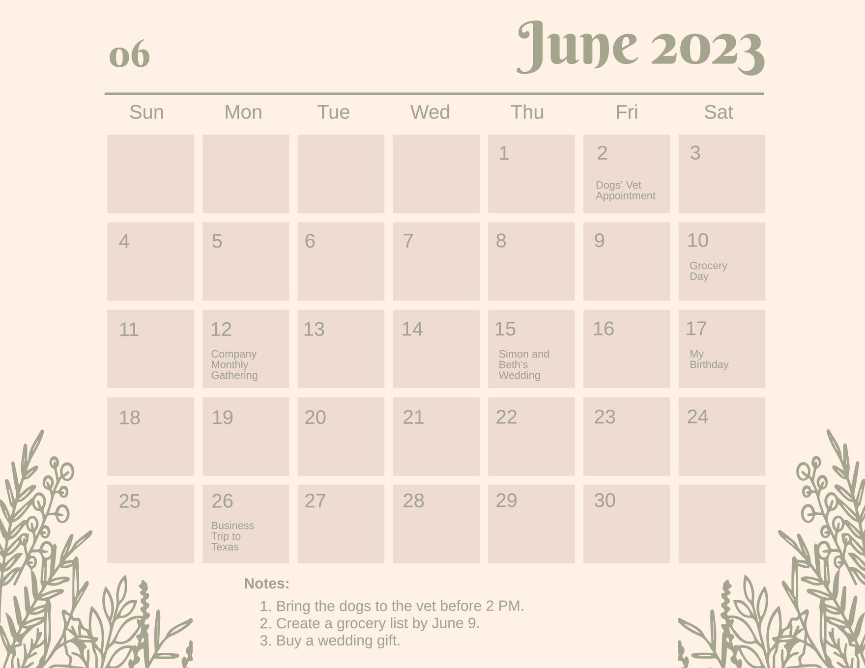 Pretty June 2023 Calendar