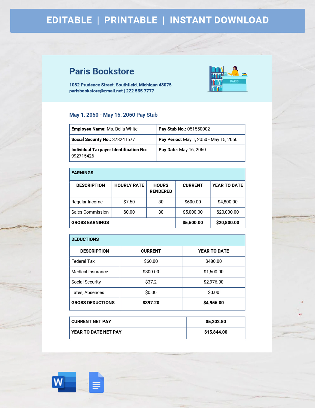 Free Simple Payslip Template - Google Docs, Word, Apple Pages ...