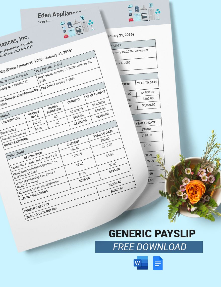 Free Generic Payslip Template in Word, Google Docs