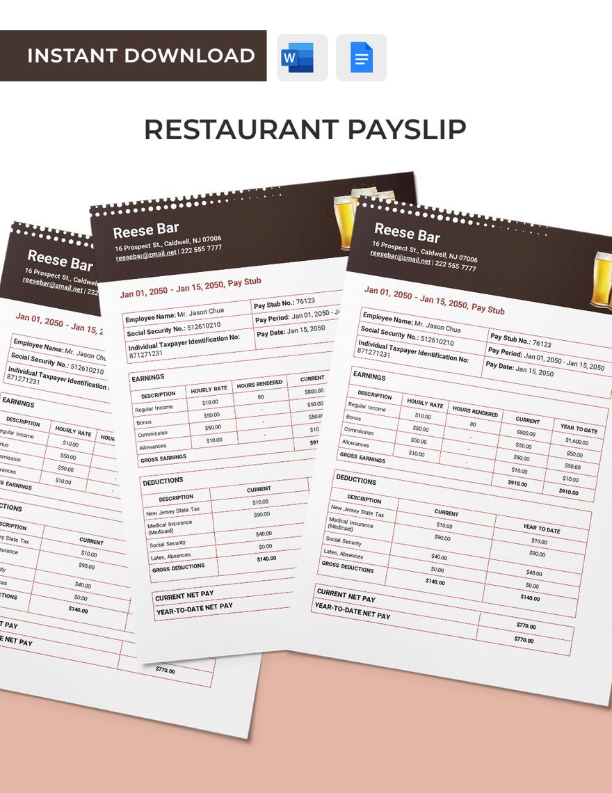 Free Restaurant Payslip Template