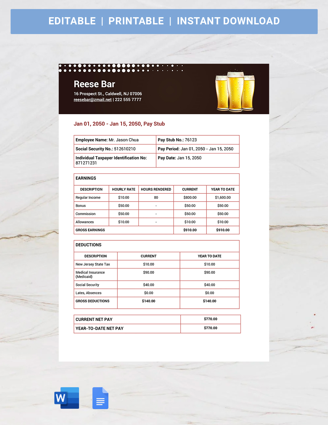 Restaurant Payslip Template - Google Docs, Word | Template.net