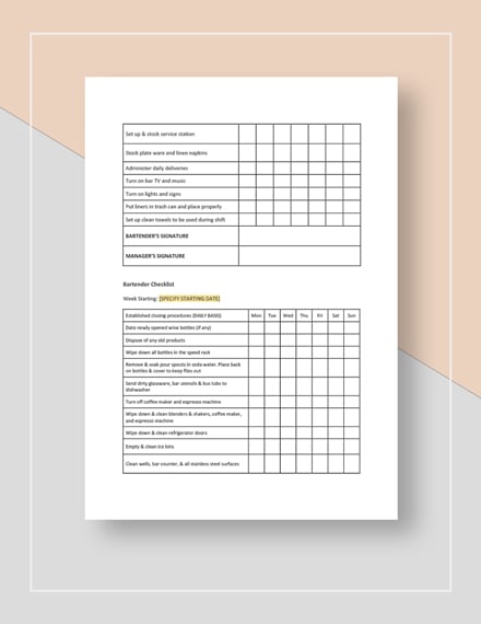 Free Printable Bar Checklist Template
