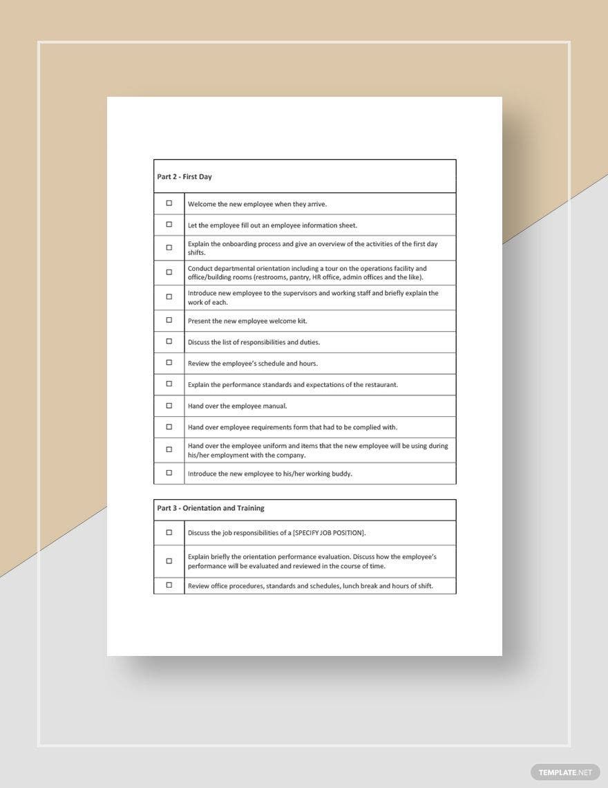 Restaurant Employee Onboarding Checklist Template
