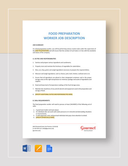 Job Description Template Samples Pdf   Food Preparation Worker Job Description 