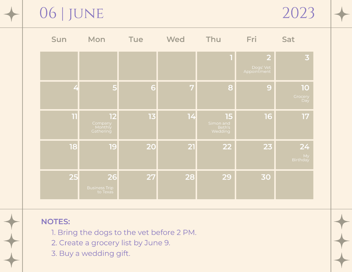 Fancy June 2023 Calendar Template