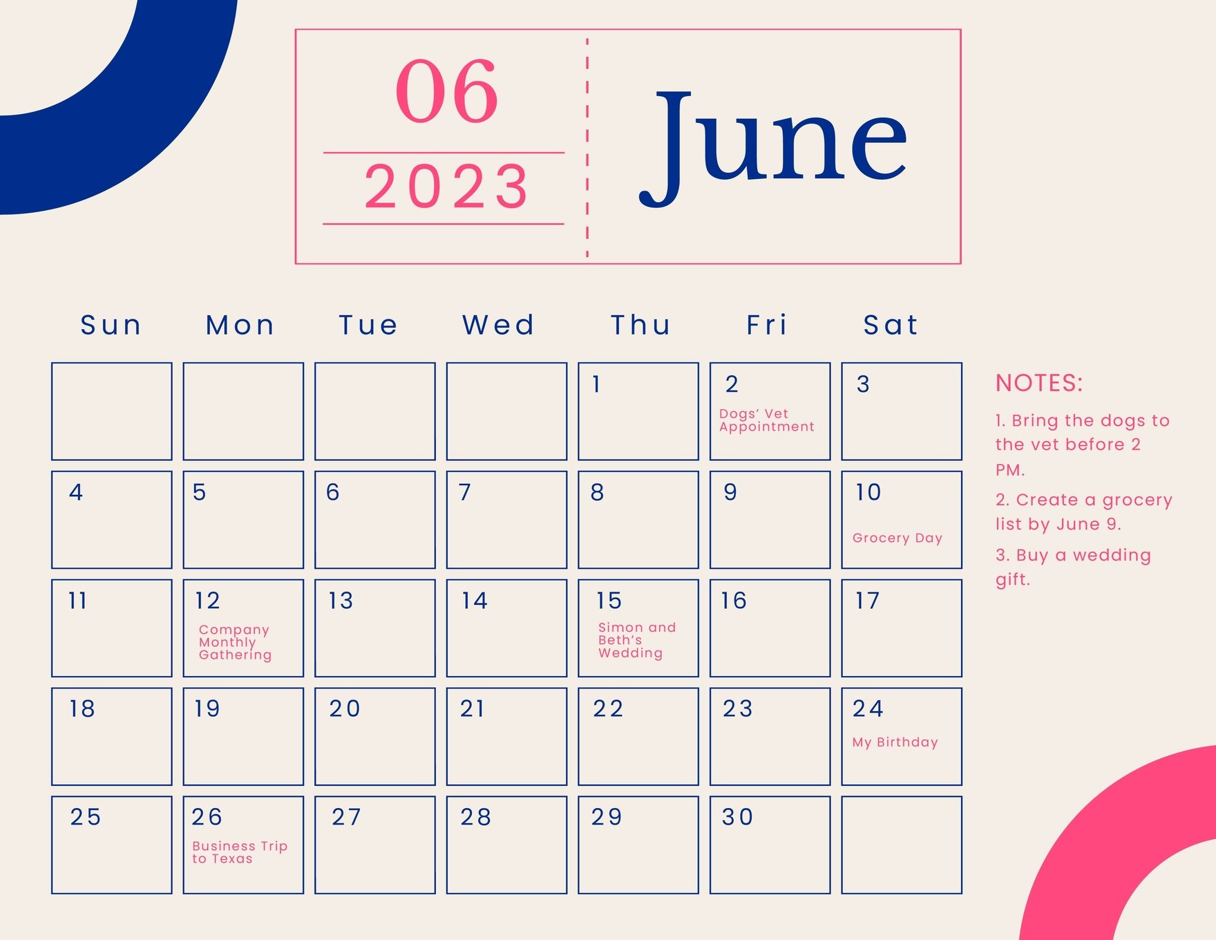 Colorful June 2023 Calendar