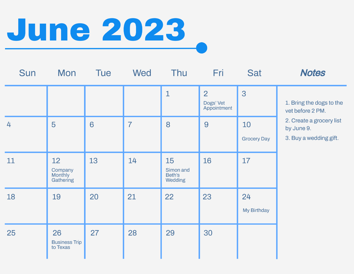 Blue June 2023 Calendar Template