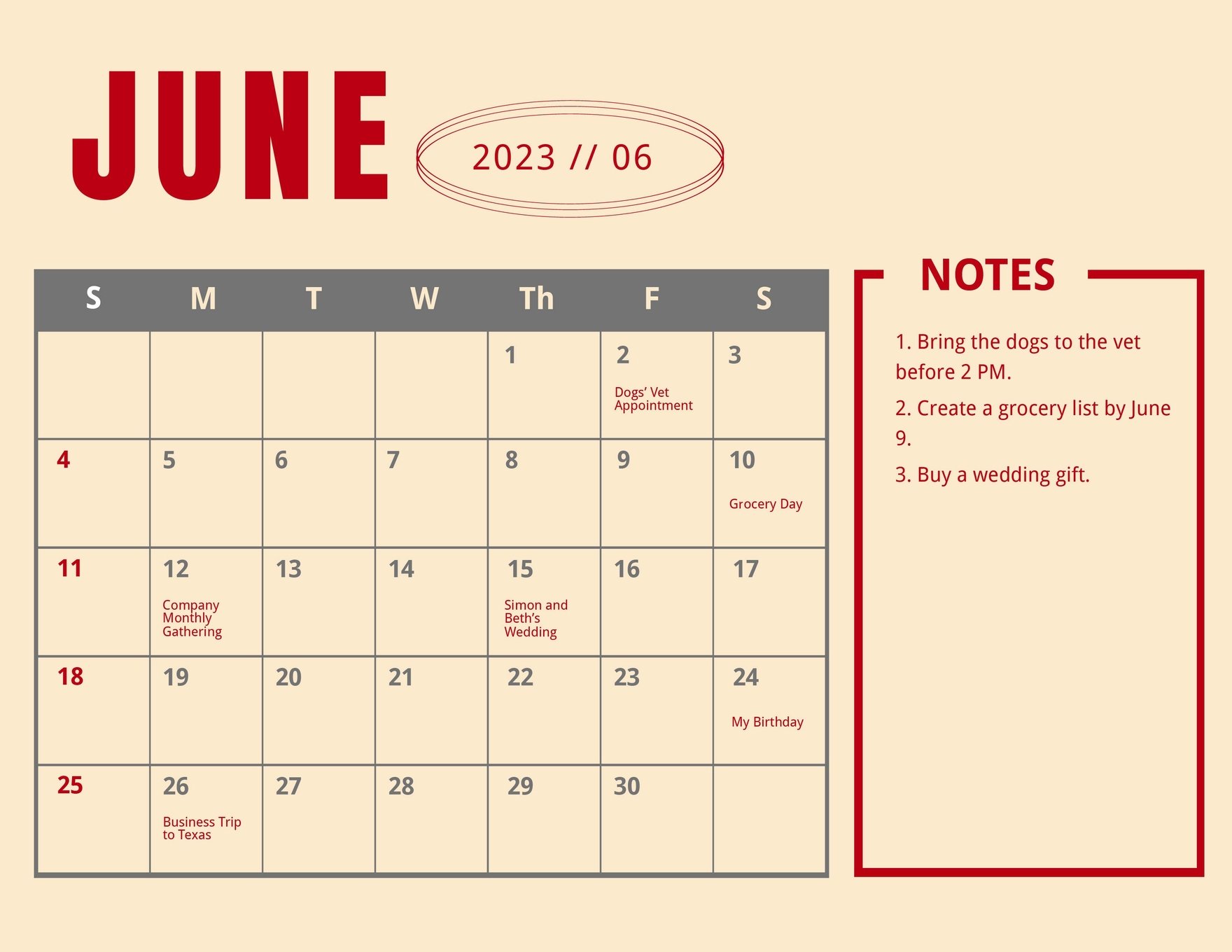 June 2023 Monthly Calendar Template