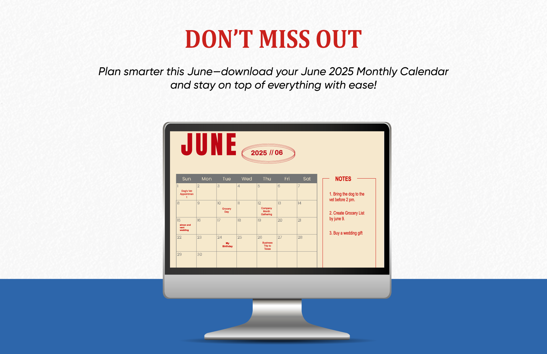 June 2025 Monthly Calendar Template
