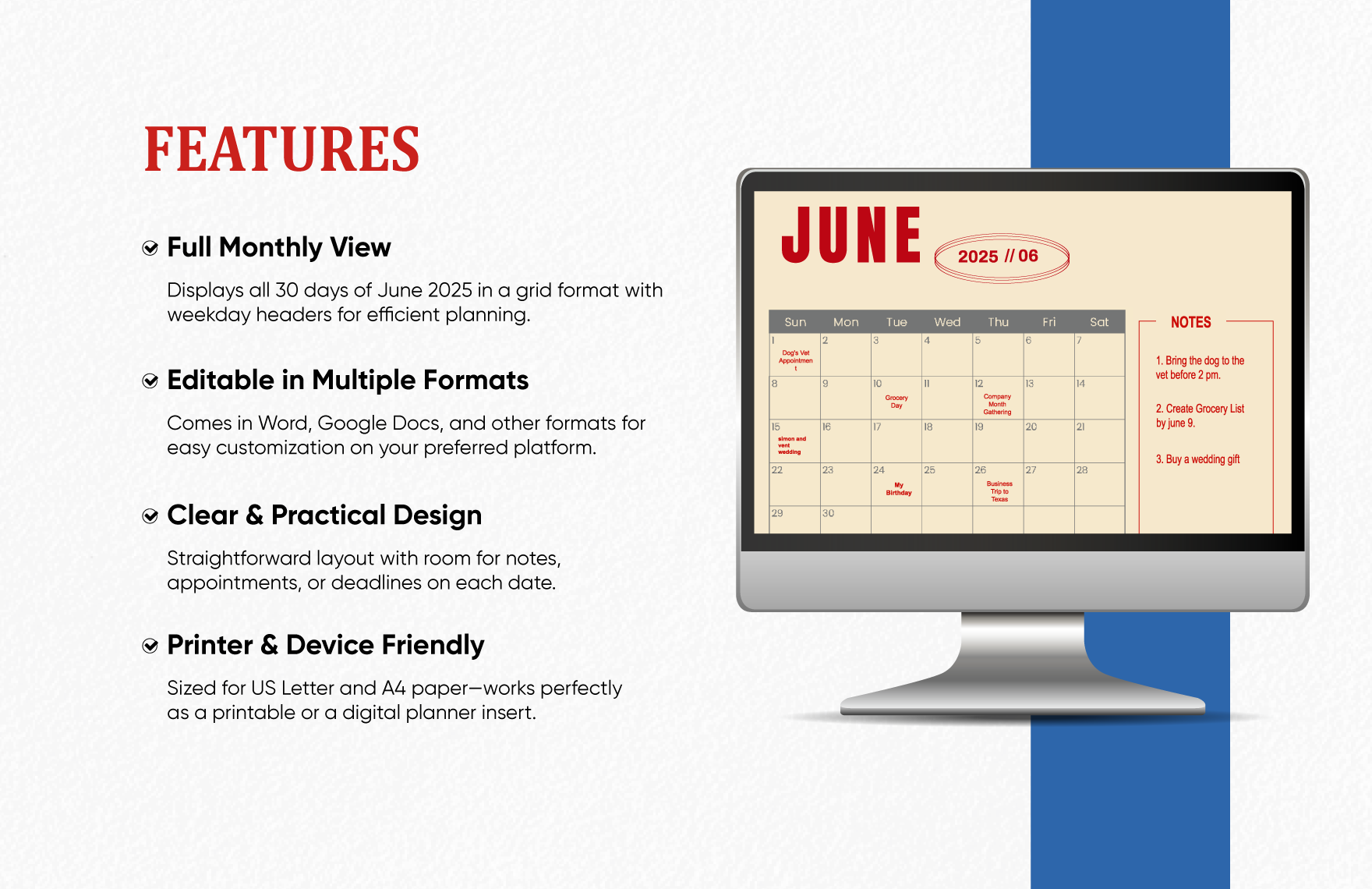 June 2025 Monthly Calendar Template