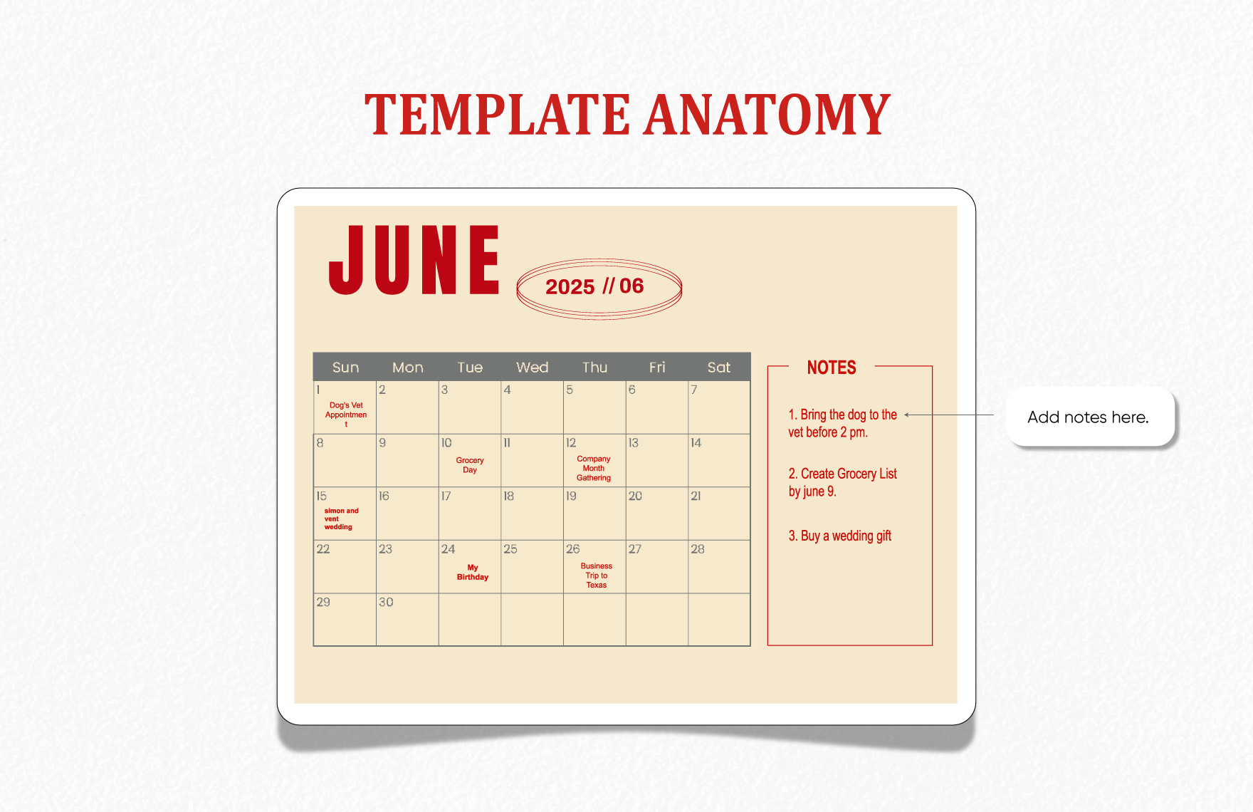 June 2025 Monthly Calendar Template