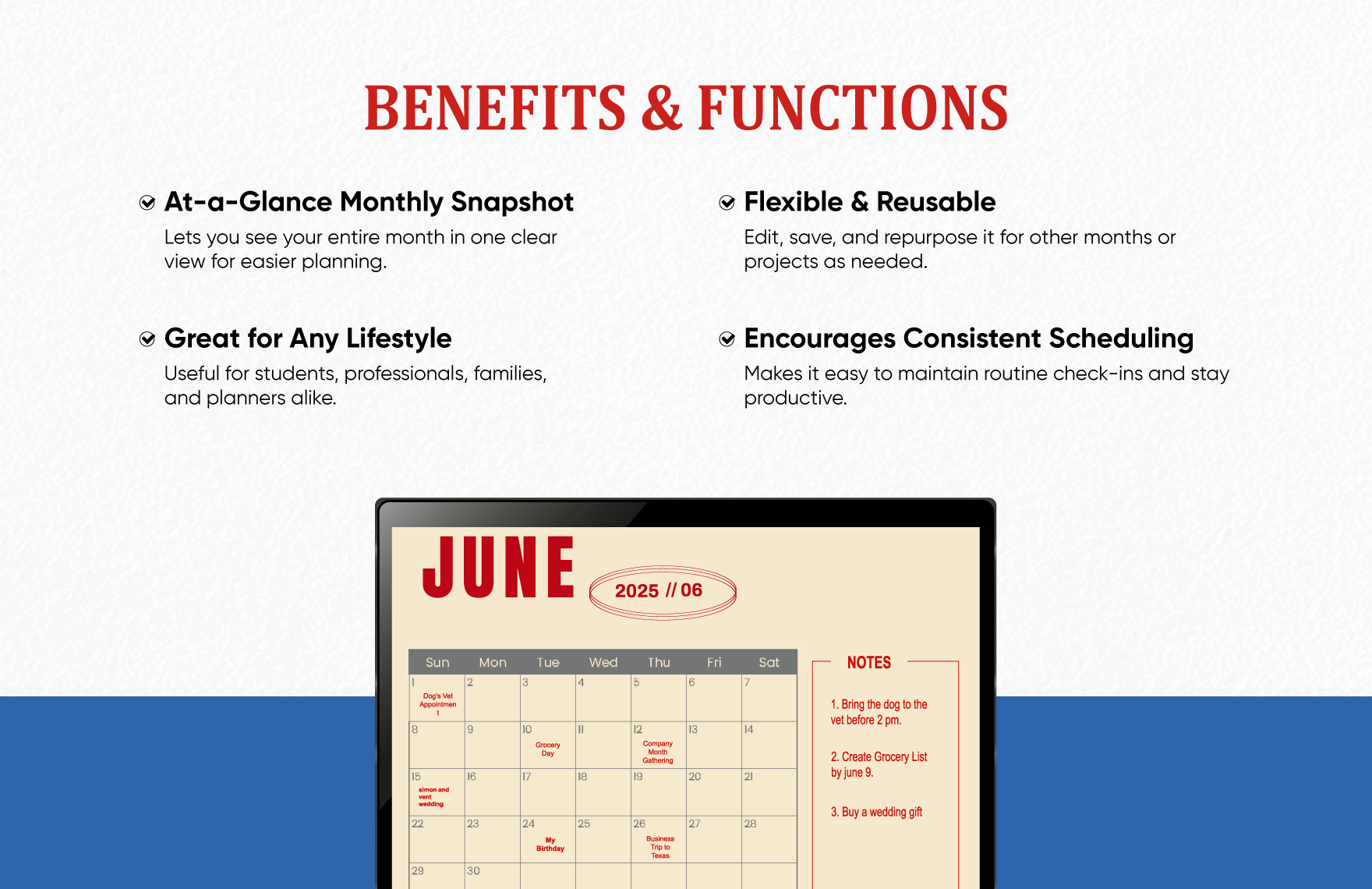 June 2025 Monthly Calendar Template