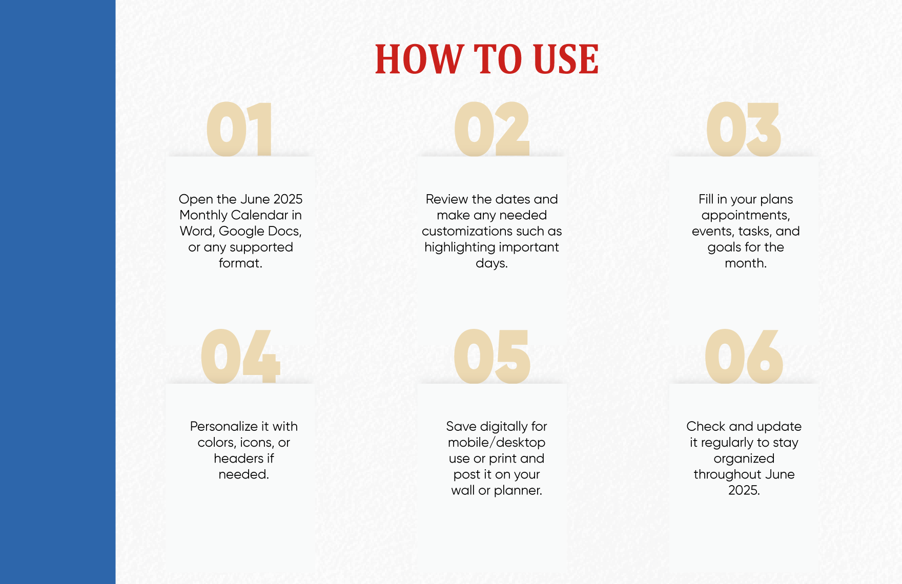 June 2025 Monthly Calendar Template