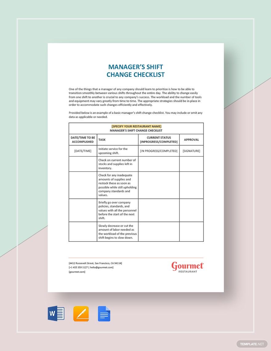 Manager s Shift Change Checklist Template In Google Docs Word Pages 