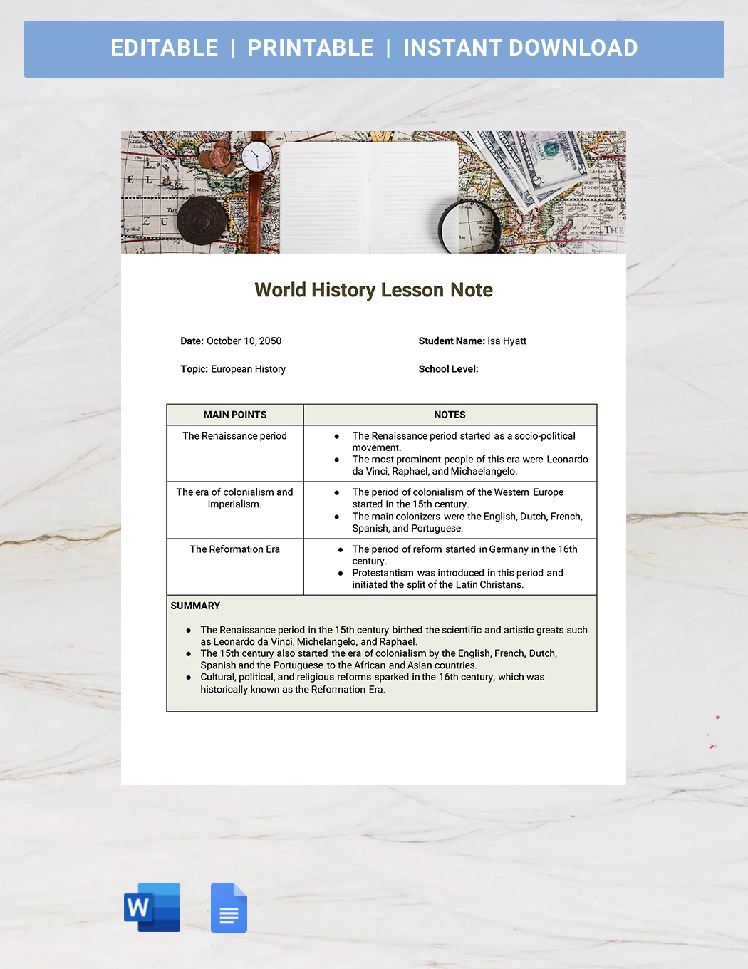 Student Lesson Notes Sheet