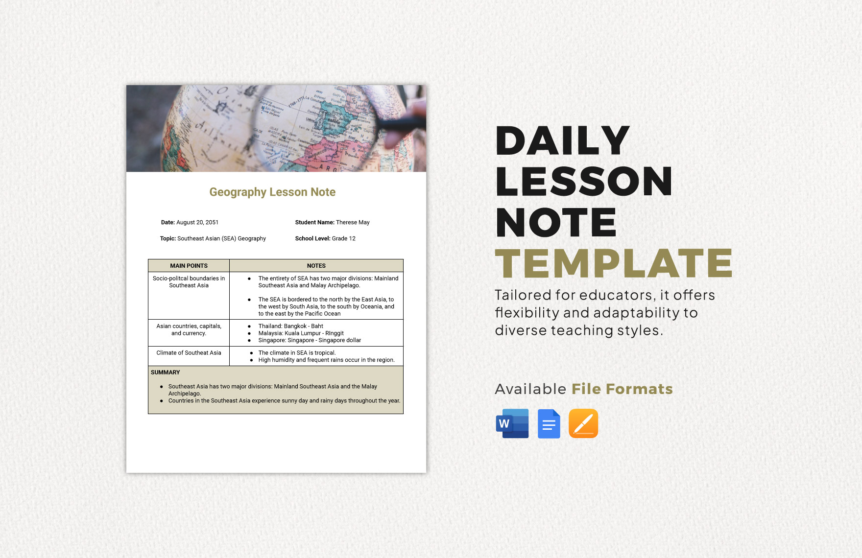 Daily Lesson Note Template in Word, Google Docs, Pages - Download | Template.net