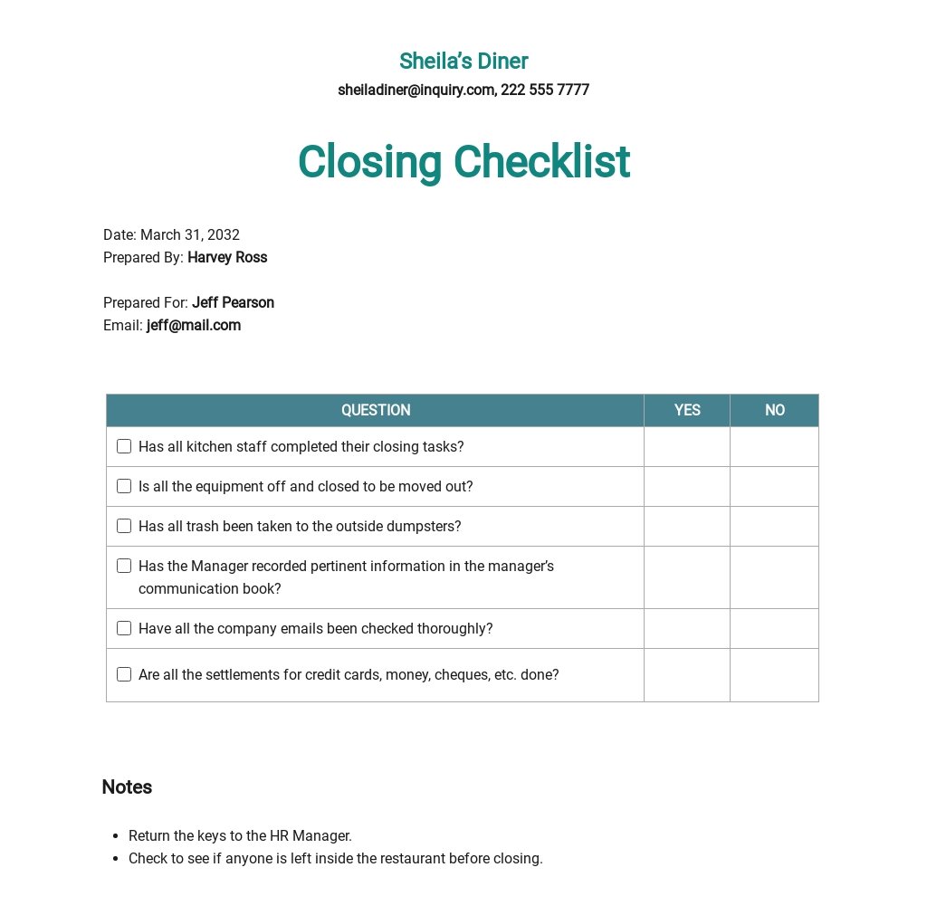 Manager's Closing Checklist Template Google Docs, Word, Apple Pages