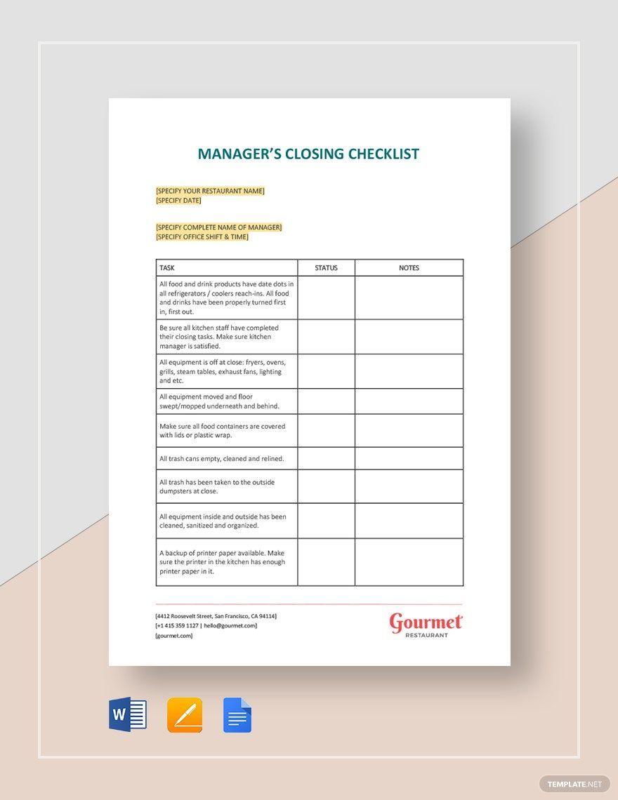 Manager's Closing Checklist Template