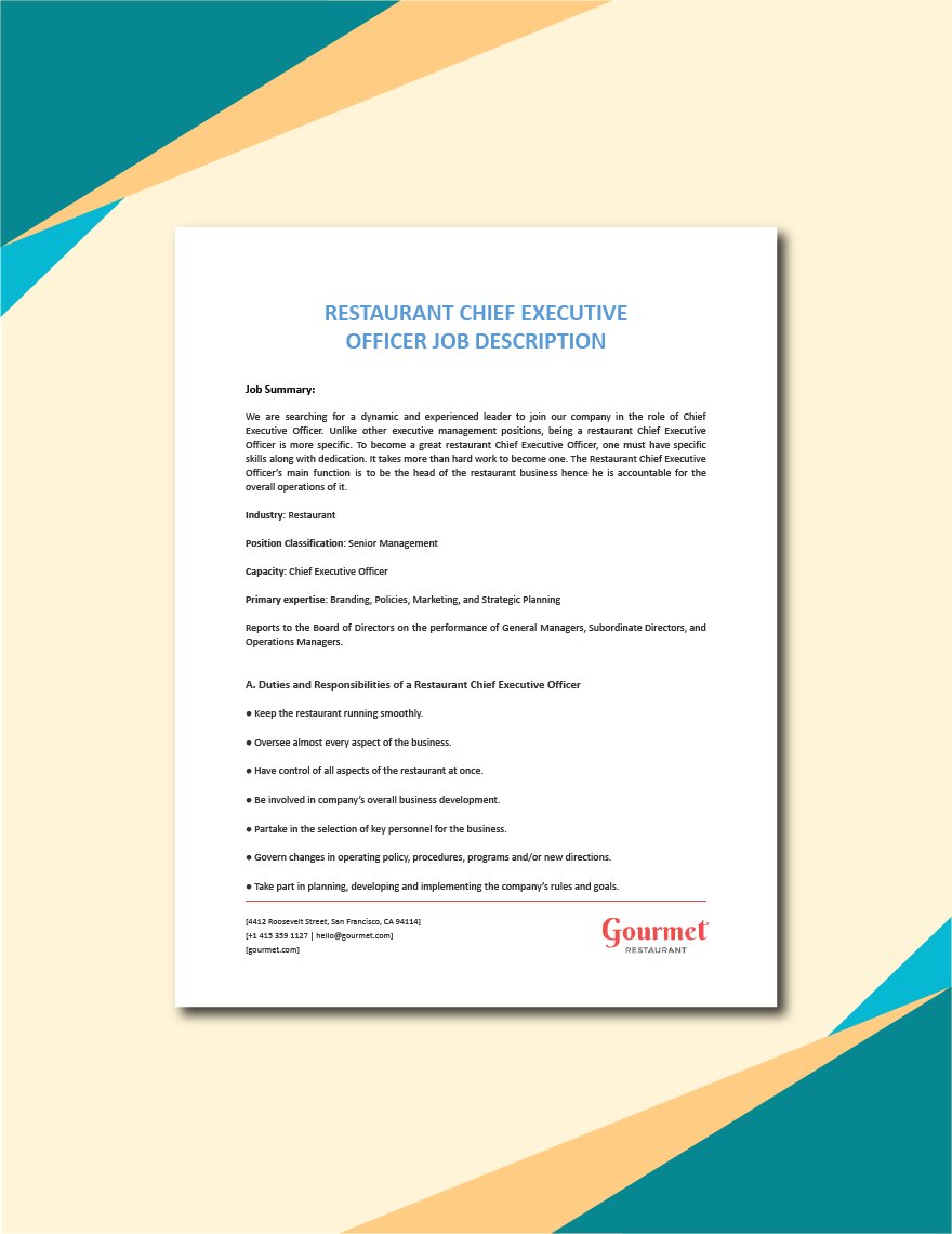 Restaurant Chief Executive Officer Job Description Template Download 