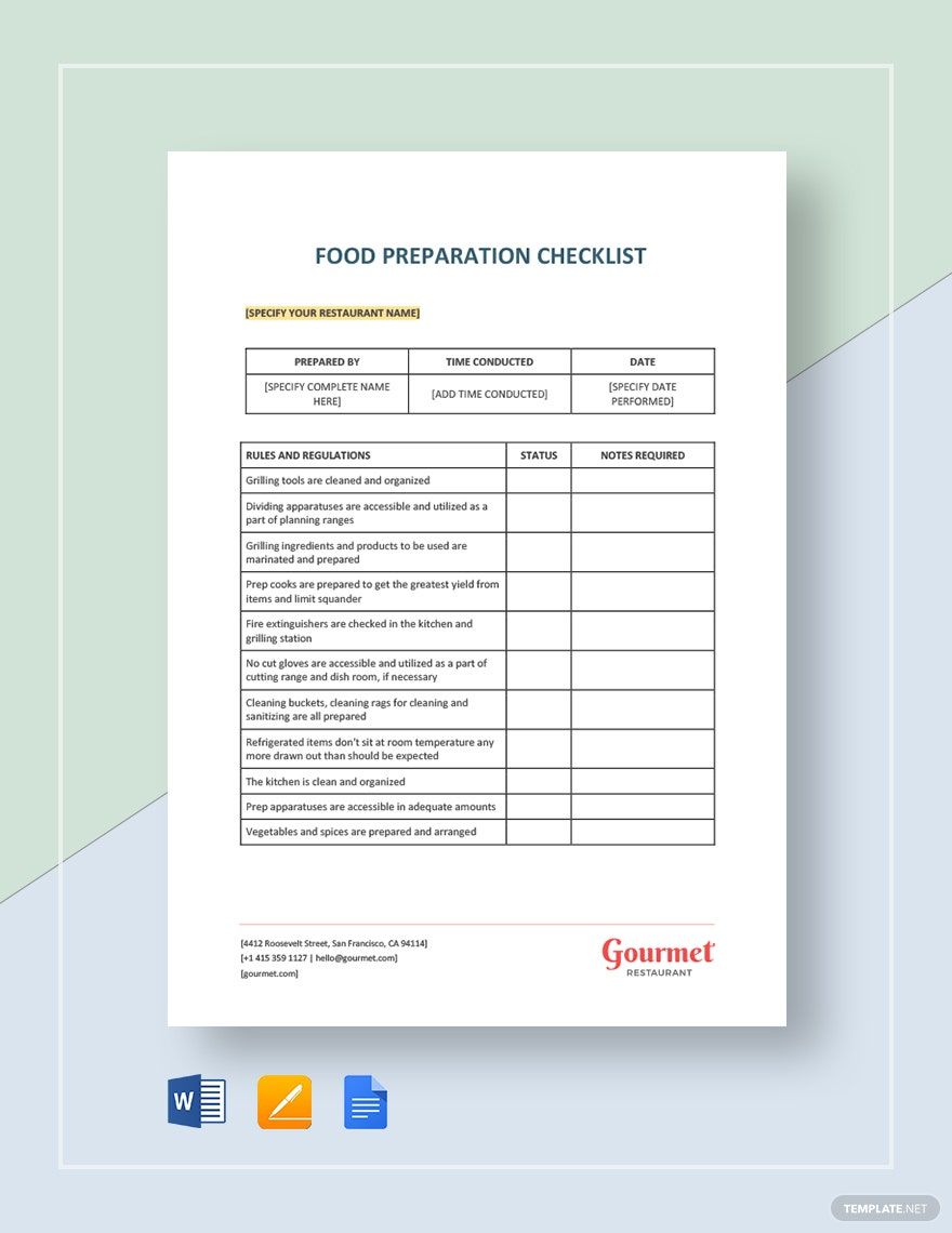 Food Preparation Checklist Template Google Docs Word Apple Pages 