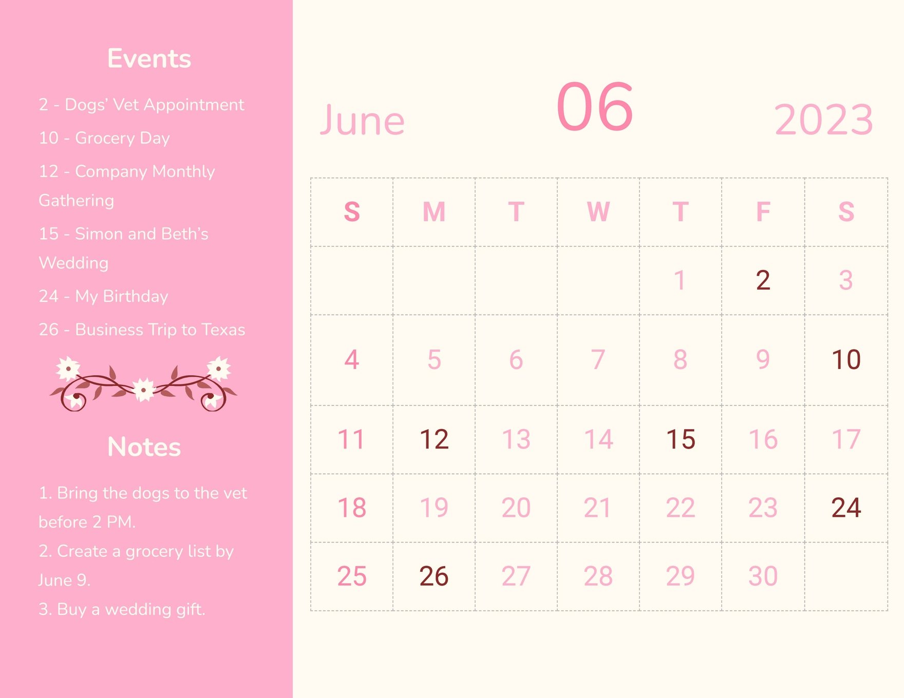 Pink June 2023 Calendar