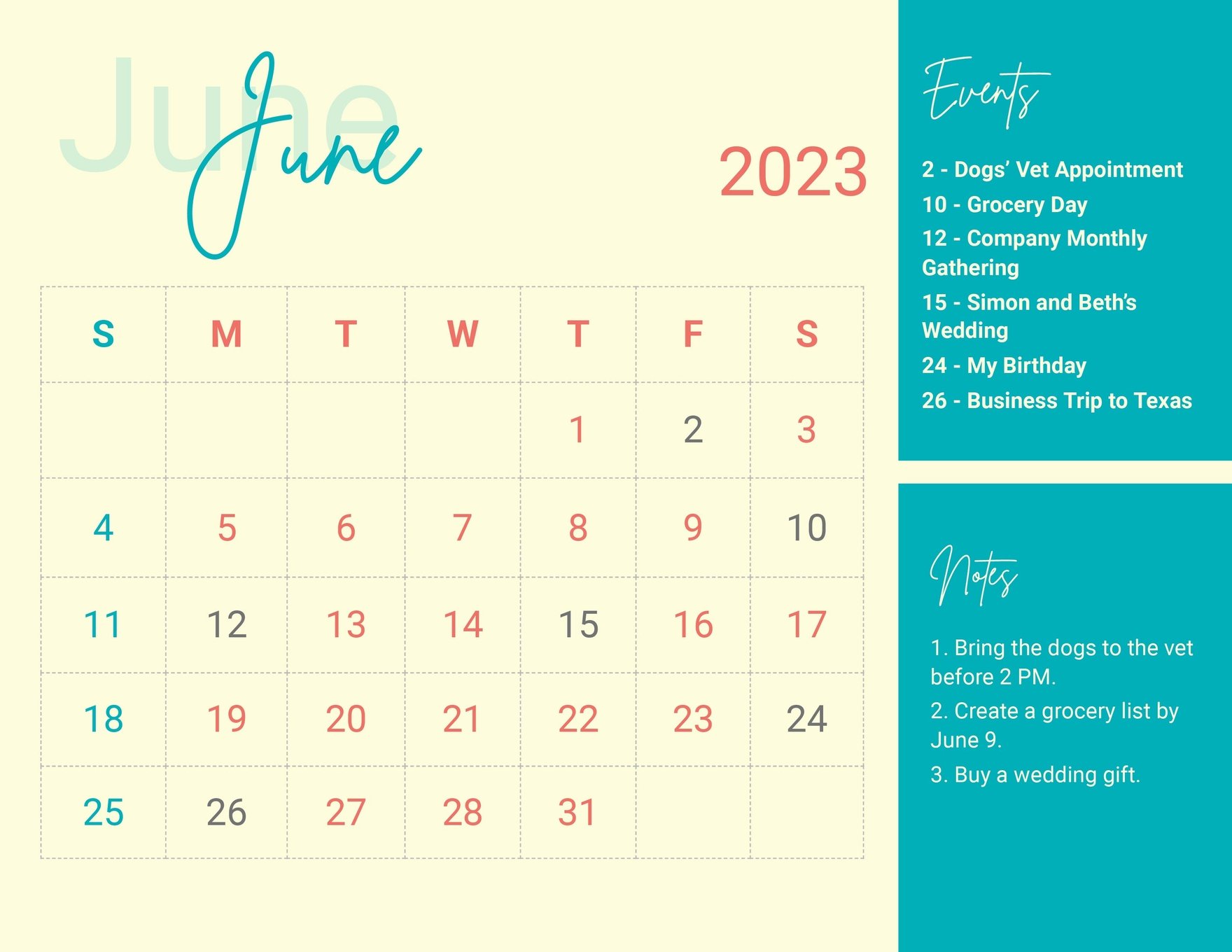 Calligraphy June 2023 Calendar