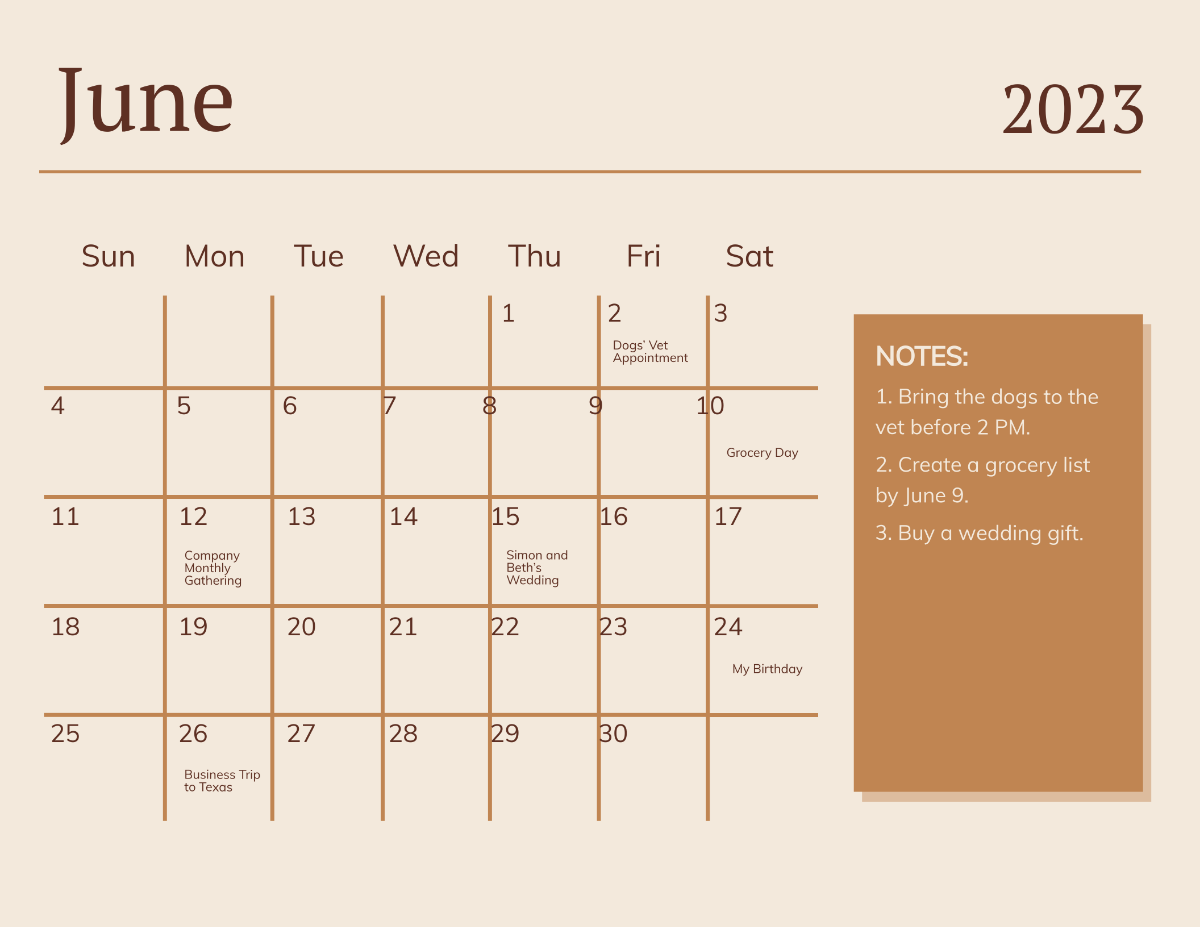 Simple June 2023 Calendar Template