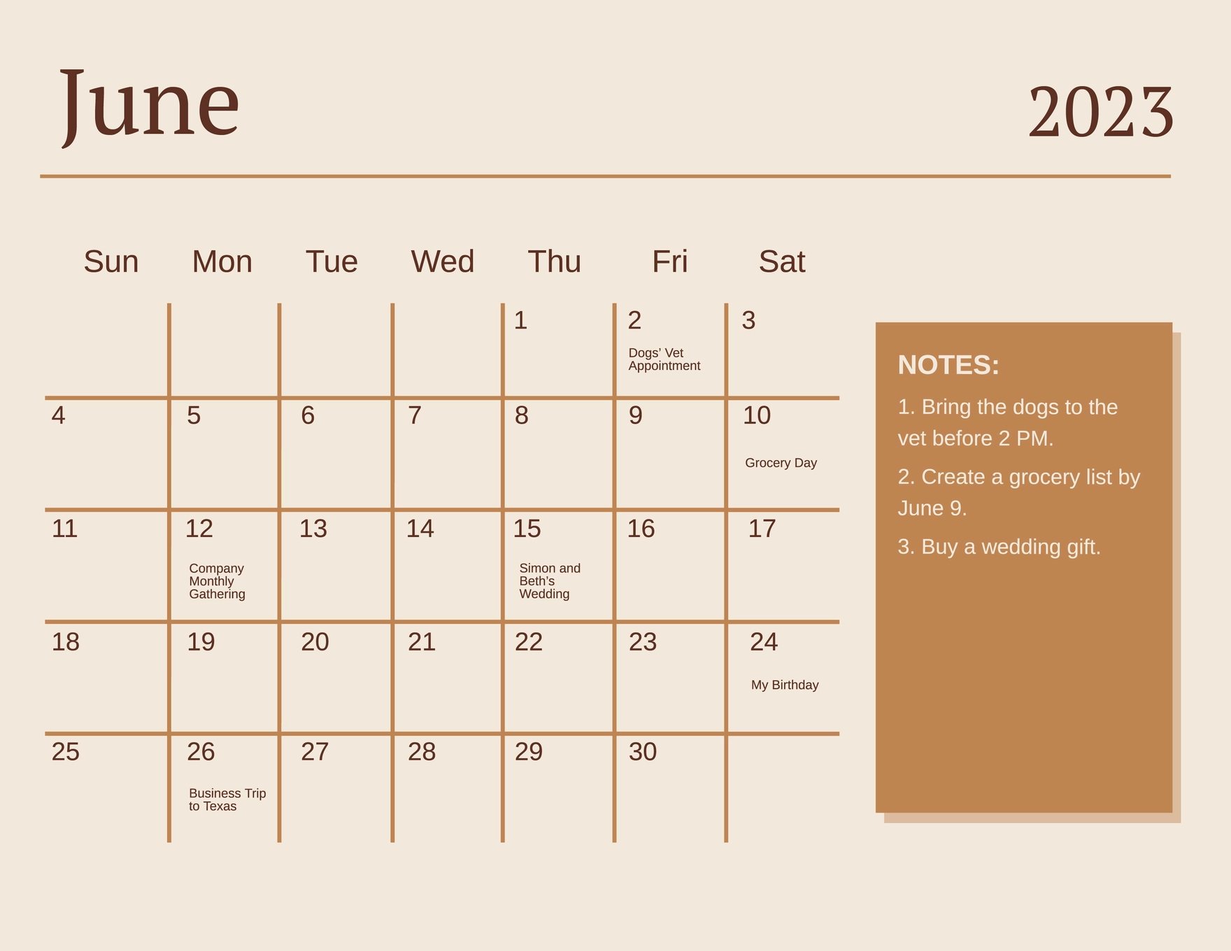 Simple June 2023 Calendar Template