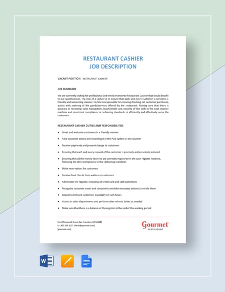 restaurant cashier job description