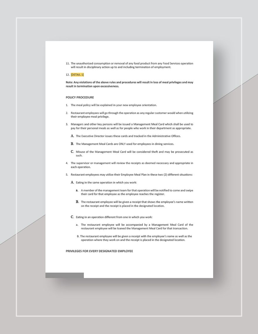 Restaurant Employee Meal Policy Template