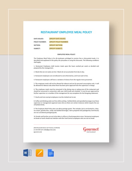 Employee Meal Policy Template TUTORE ORG Master of Documents