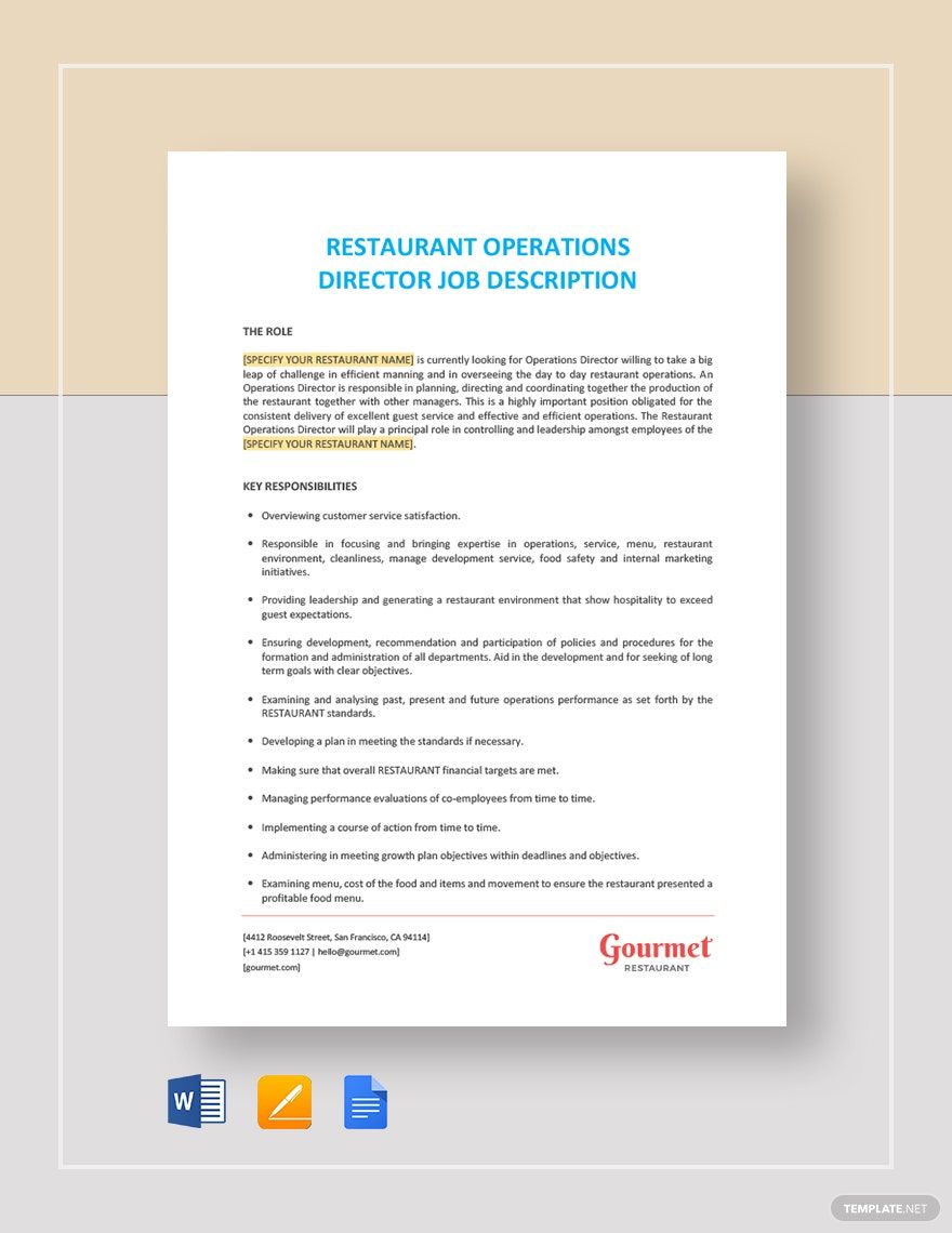 Free Restaurant Operations Director Job Description Template