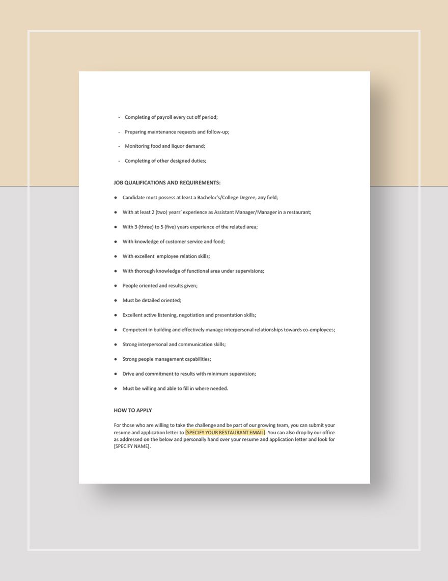 Restaurant Assistant Manager Job Description Template Download In 