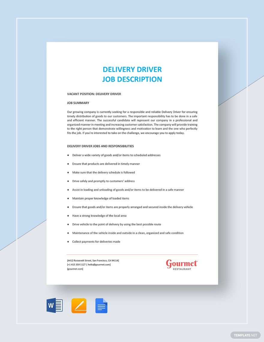Free Sample Delivery Driver Job Description Template