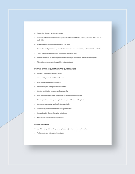 Delivery Driver Job Description Template