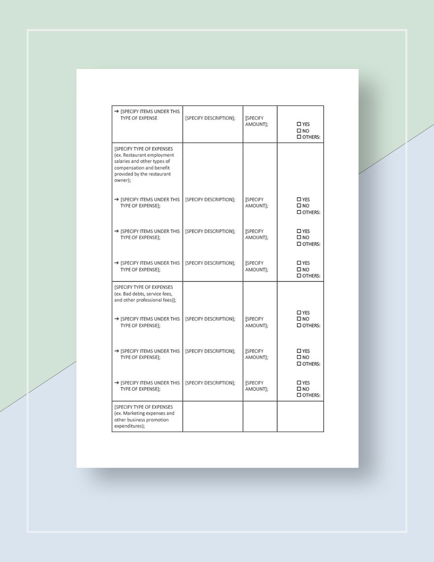 Restaurant Tax Deduction Checklist Template