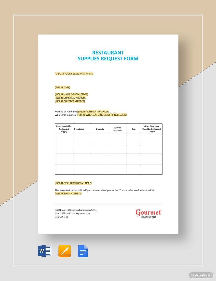 NRestaurant Supplies Request Form Template