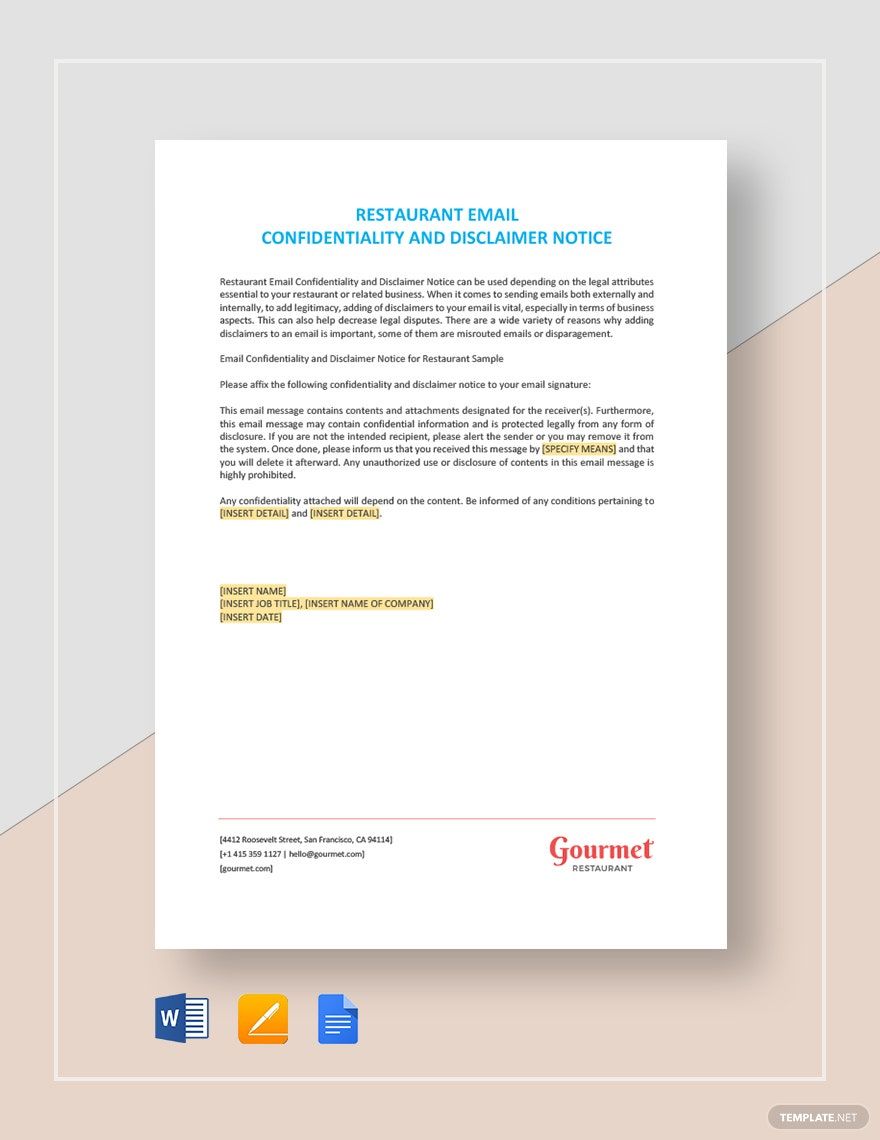 Restaurant Email Confidentiality and Disclaimer Notice Template