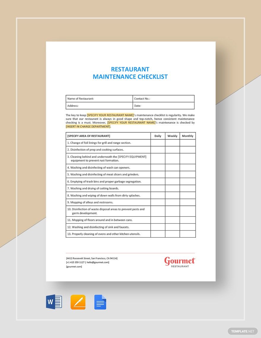 Restaurant Maintenance Checklist Template