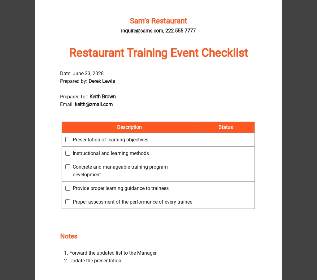 training checklists