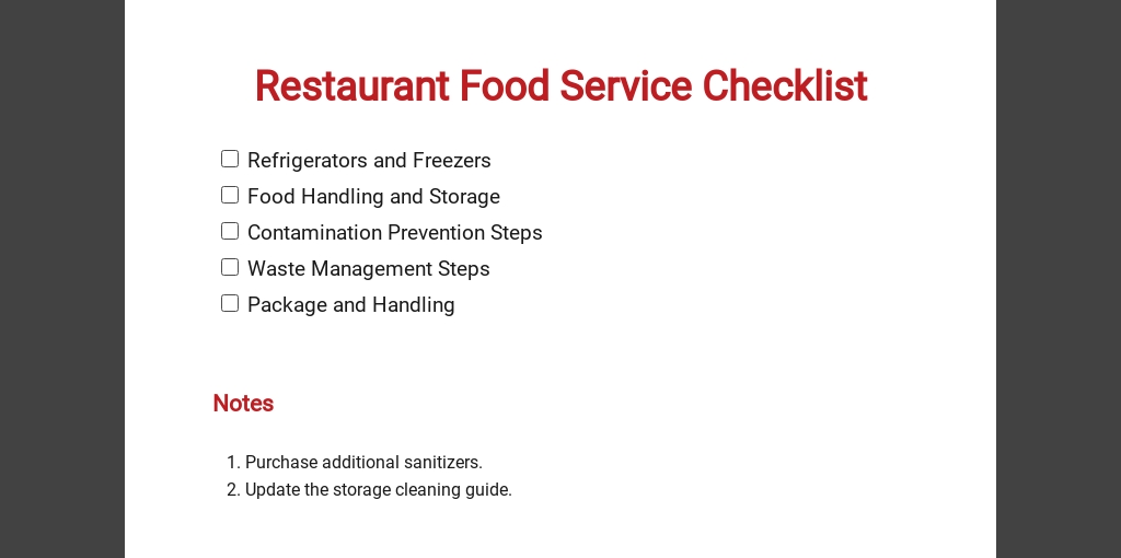 Restaurant Food Service Checklist Template