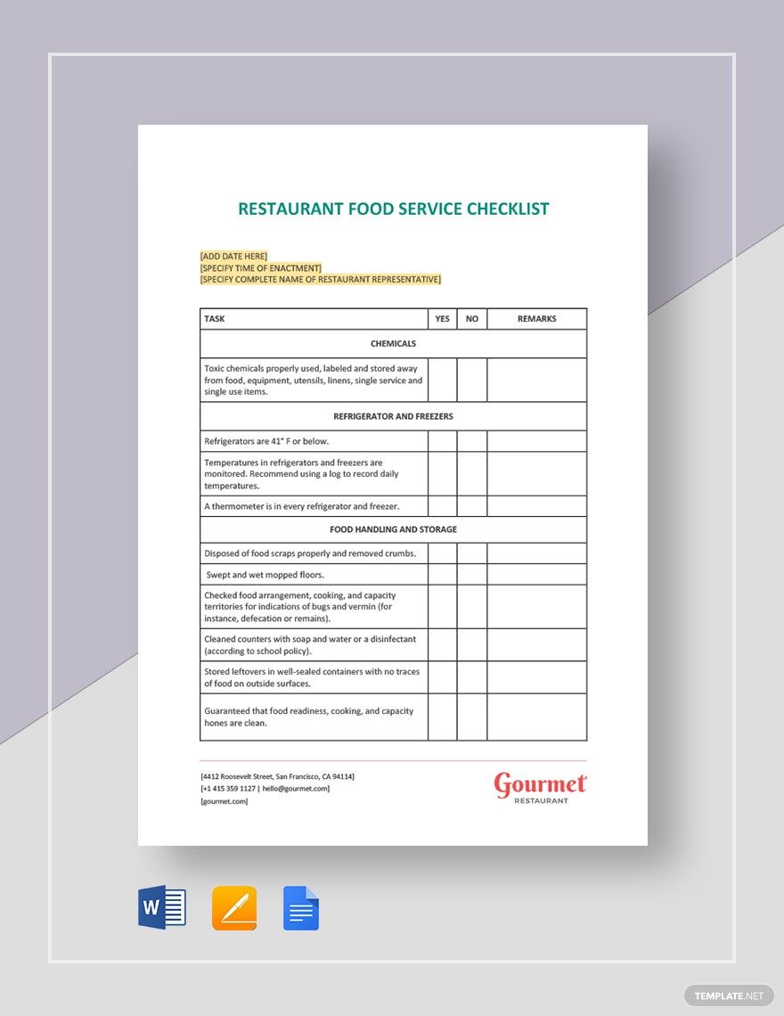 Restaurant Food Service Checklist Template
