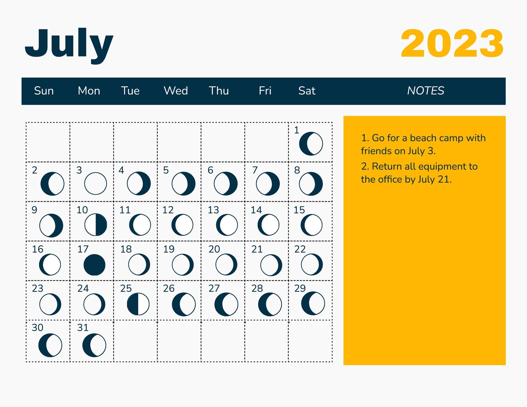July 2023 Calendar Template With Moon Phases