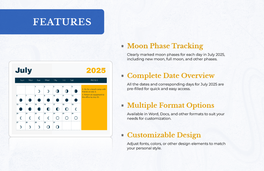July 2025 Calendar Template With Moon Phases
