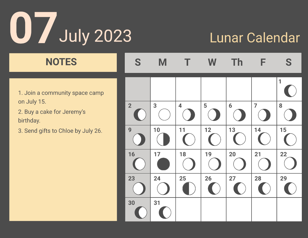 Lunar Calendar July 2023 Template