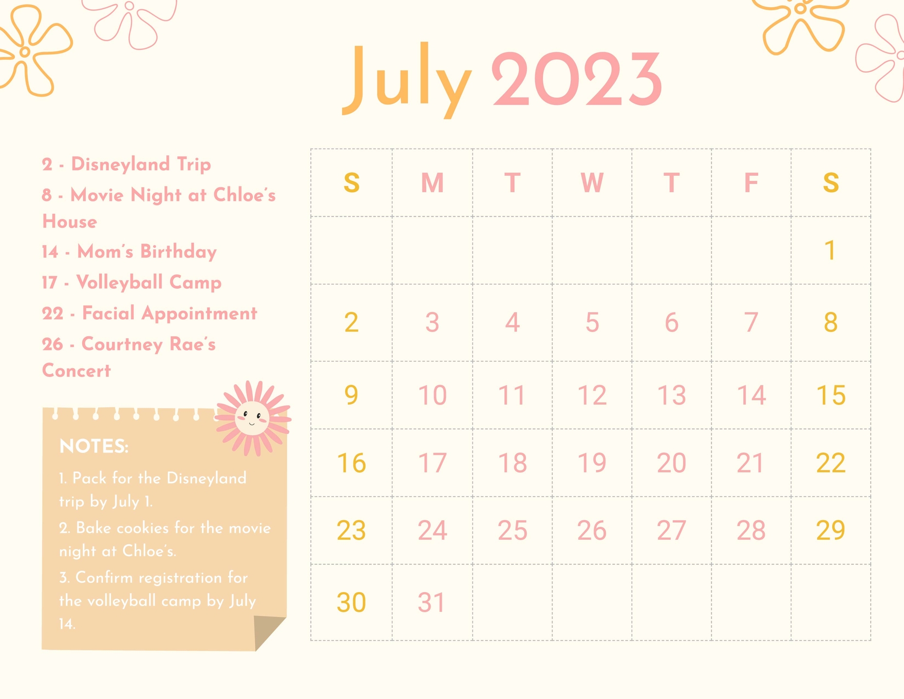 Cute July 2023 Calendar Template