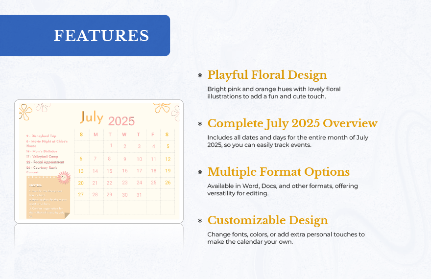 Cute July 2025 Calendar Template