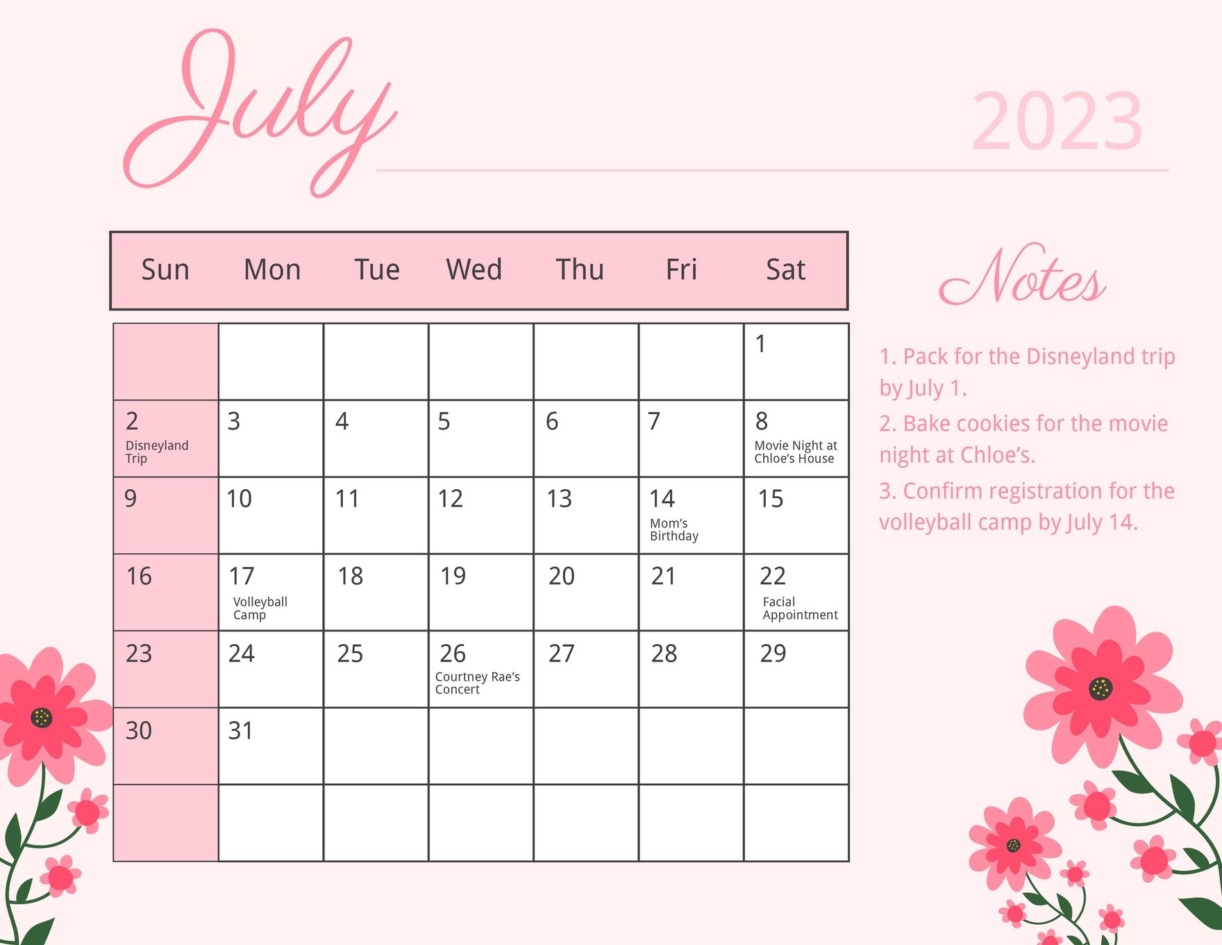 Floral July 2023 Calendar Template